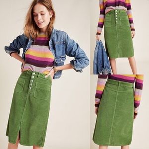 Anthro. Pilcro Green Corduroy Button Pencil Skirt